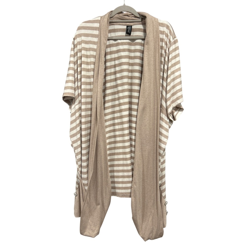 MIB Tan White Striped Open Front Draped Cardigan Short Sleeve Plus Size RN 68177